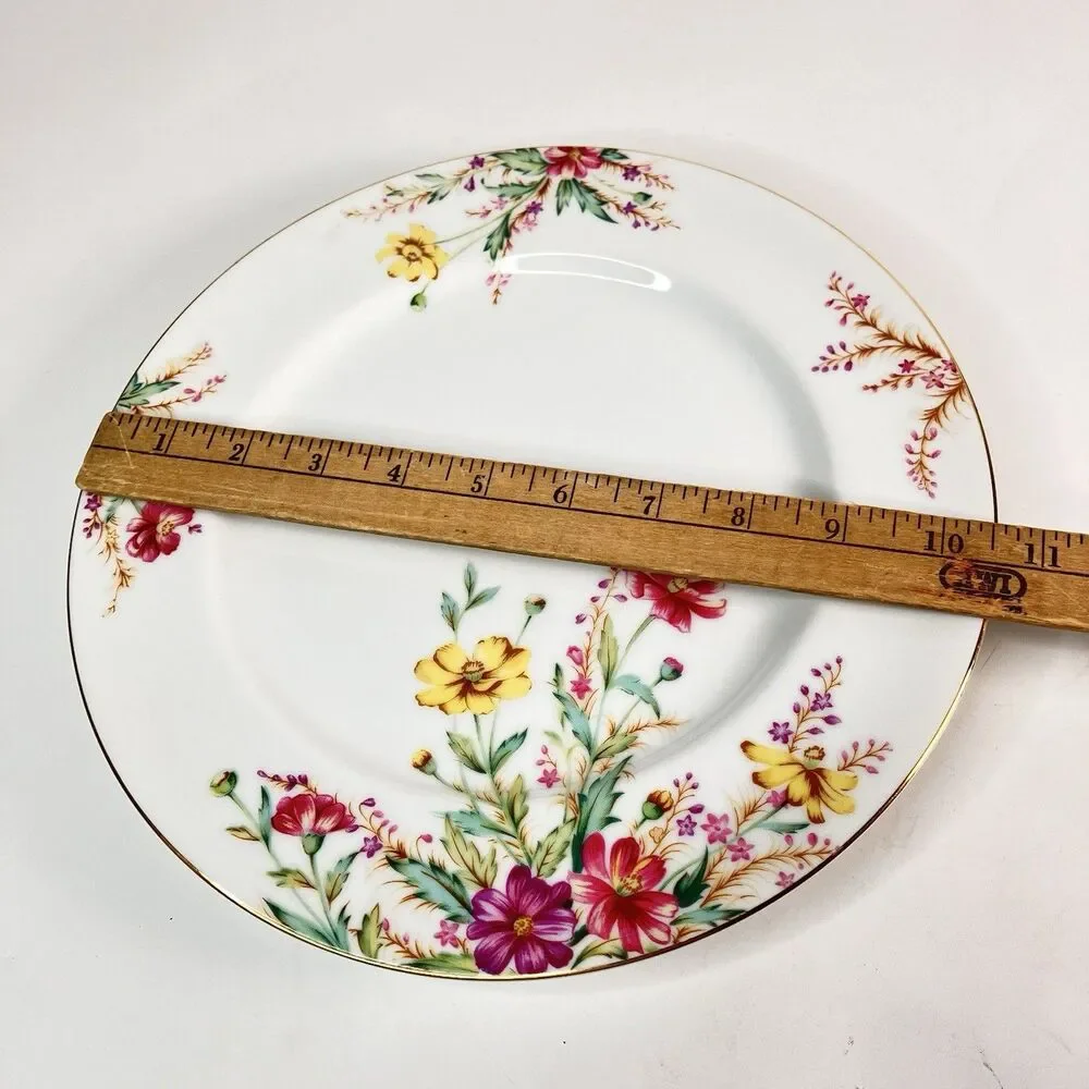 Vtg Set/2 Kent China Springfield Dinner Plates Grannycore Floral Gold Trim 10.5